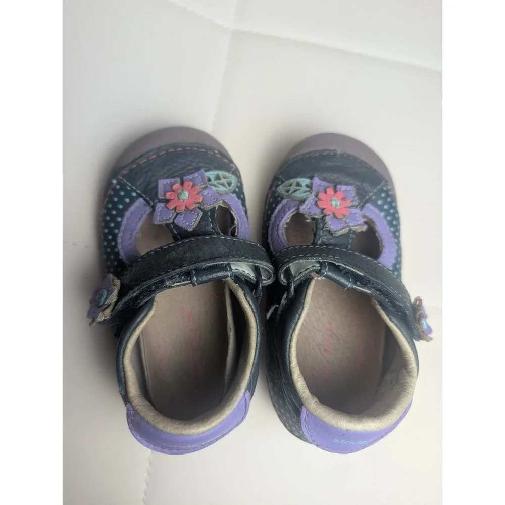 Stride Rite Toddler Girls Leather Floral Mary Jane Shoes Purple Hook & Loop Sz 5